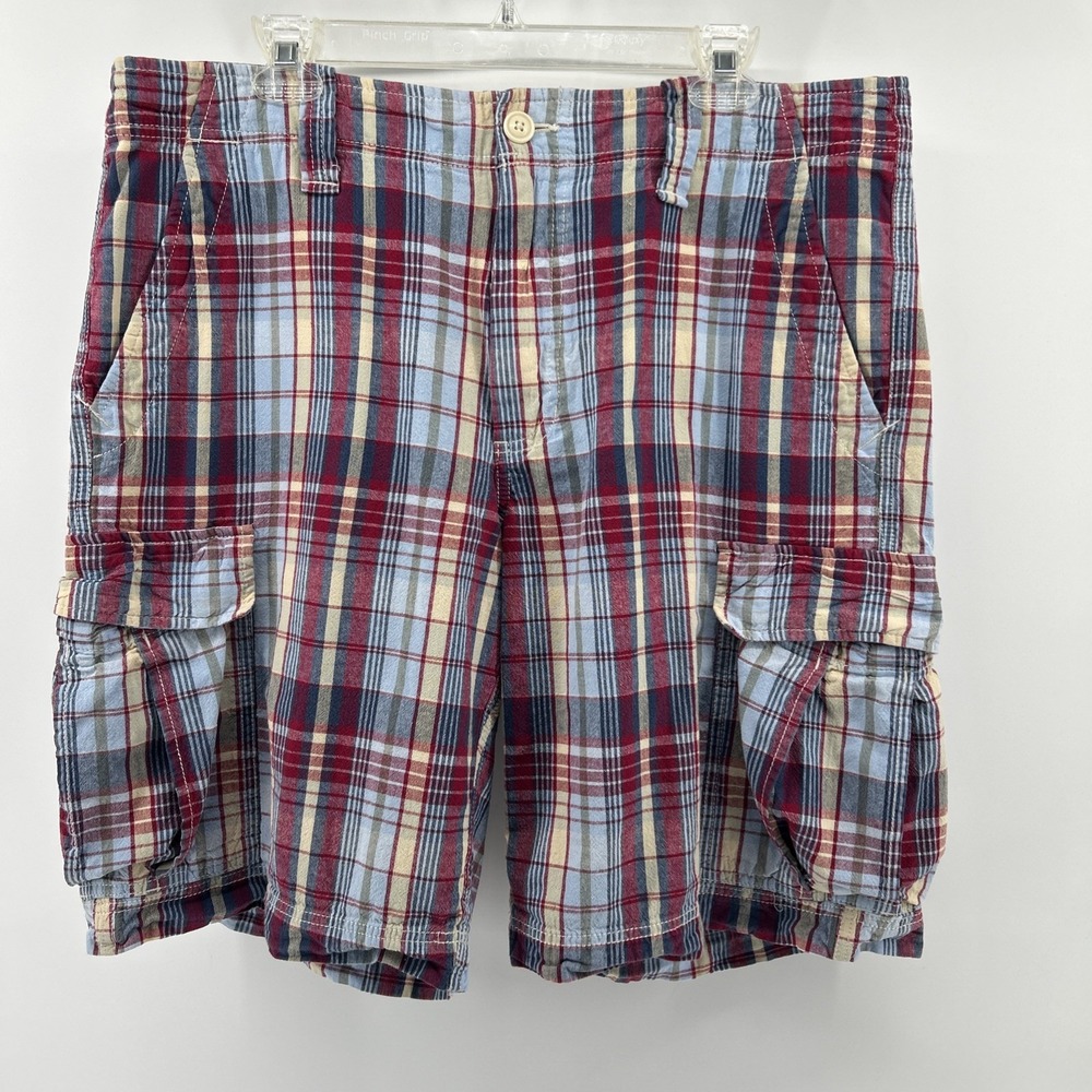 Vintage Polo Jeans Shorts Men's 36 Red Blue White Plaid Cargo Flat 90s Cotton - Picture 10 of 15